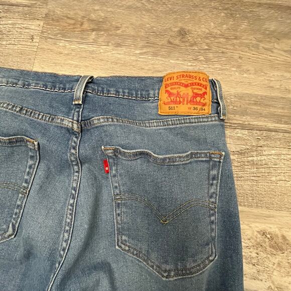 Levis 511 Dark Wash Blue Mens 36x33 Modern Slim Fit Faded Denim Jeans Red Tab - Picture 4 of 12